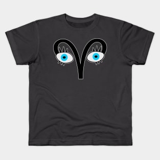 Aries Eyes - Aries Horoscope. Big blue eyes with Aries symbol for eyebrows. Includes sticker set. Kids T-Shirt